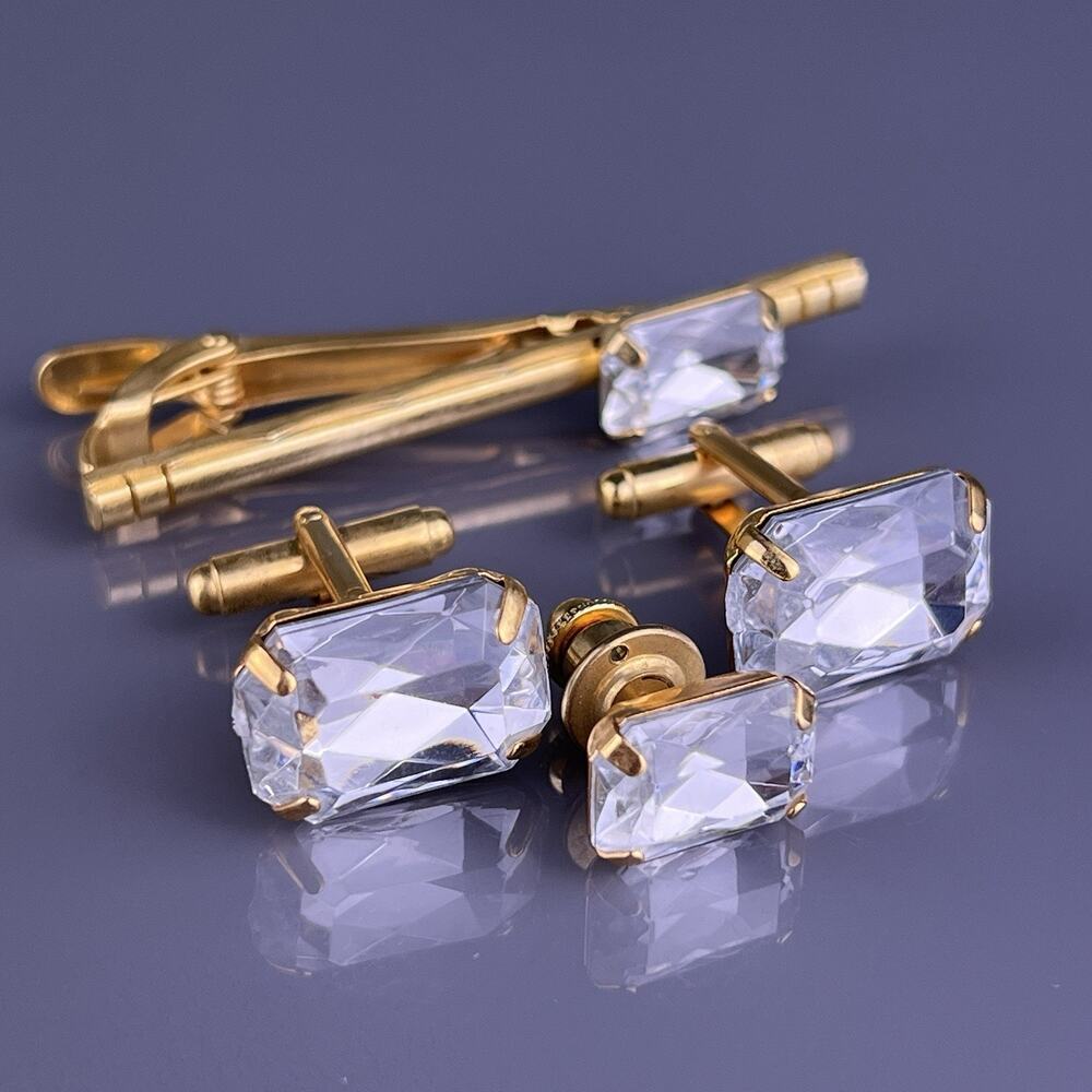 Rectangle White Cut Acrylic Cufflinks Tie Clip Pin Gold Tone Flashy Vintage